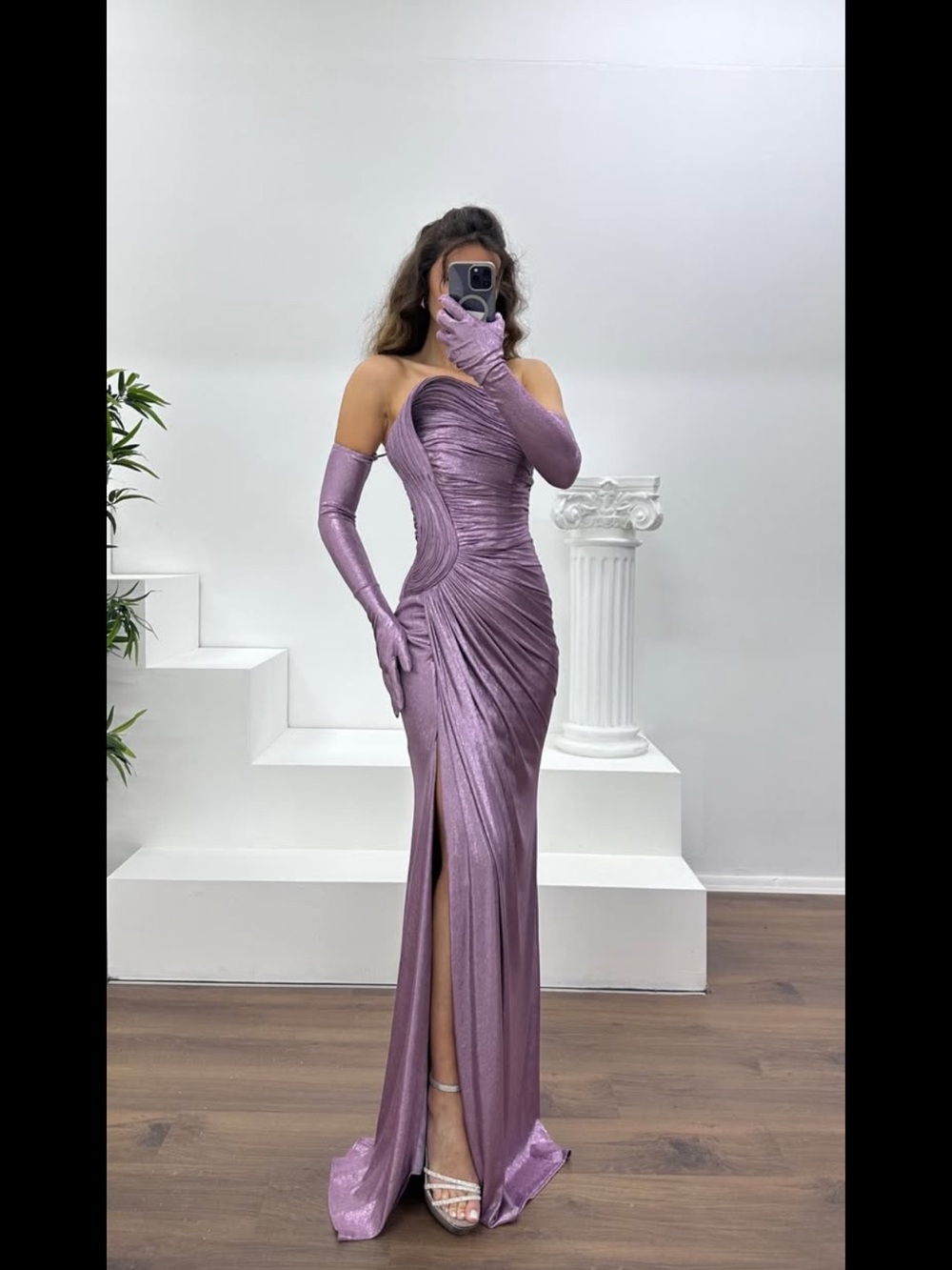 Lavender One-Shoulder Metallic Evening Gown with Gloves